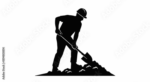 Silhouette of a miner digging with a shovel.