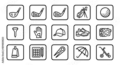 Golf equipment icon set with clubs, ball, apparel, and tournament tools.