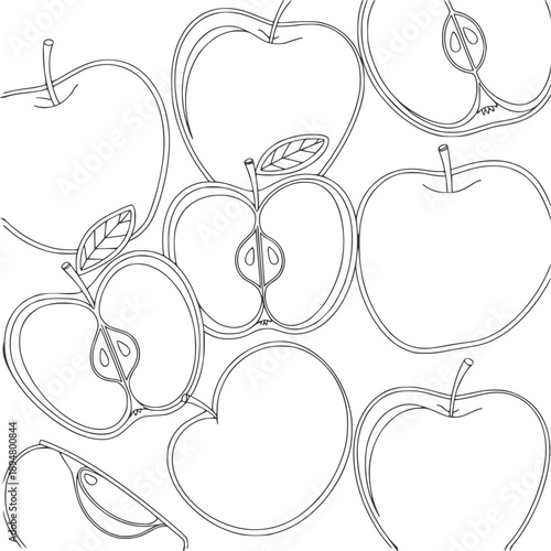 Black and line of whole and halved apples with seeds and leaves