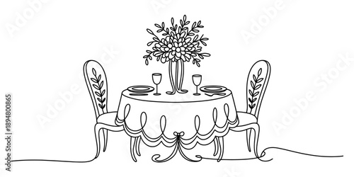 Continuous line drawing of a romantic dinner table set with elegant chairs and flowers Vector, illustration