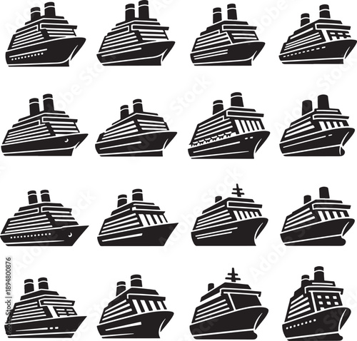 Set of 16 Cruise Ship Vectors in Flat Minimalist Style for Travel and Tourism Designs