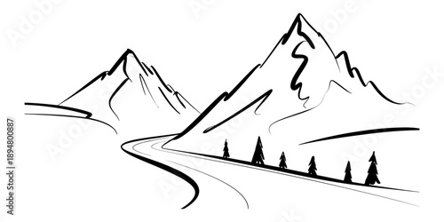 Winding road leading towards two majestic mountains in a simple line art drawing style Vector, illustration