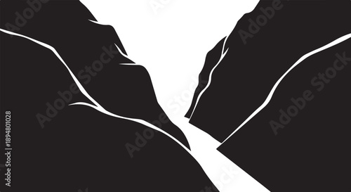 Black and white illustration of a mountain canyon landscape