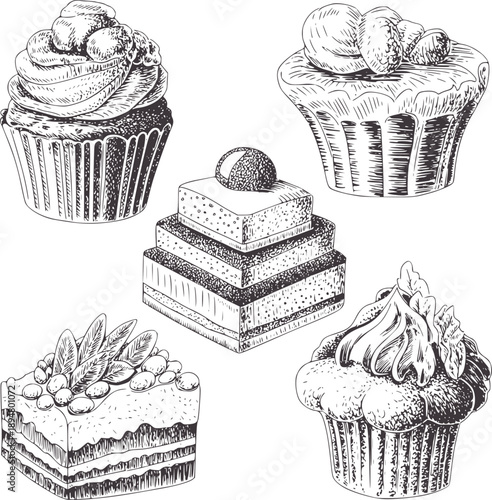 Black and of assorted decorated cakes and cupcakes frosting layers