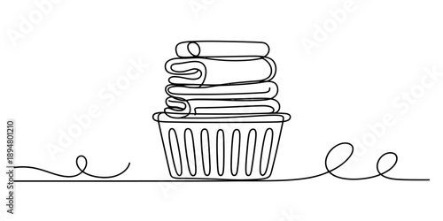 Single continuous line art illustrating a basket filled with neatly folded laundry items Vector, illustration