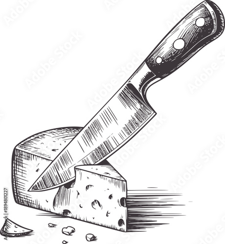 Black and pen of a cleaver cutting cheese wedge