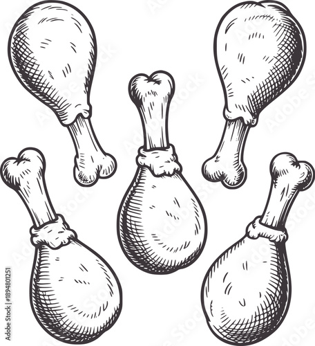 Five black and pen and ink of chicken drumsticks bones meat
