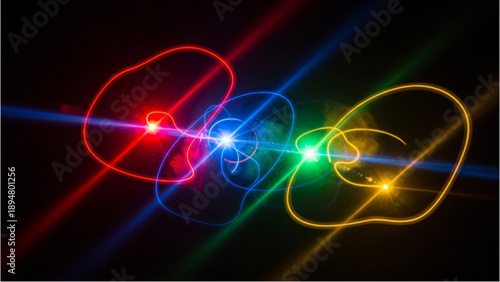 Vibrant lights intersecting in a dark space with glowing orbs and colorful beams