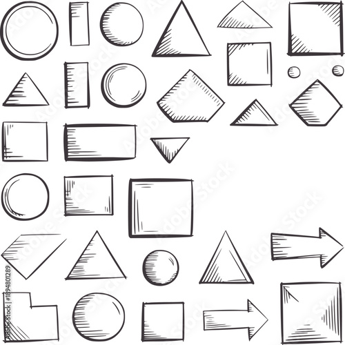 Hand drawn black and geometric shapes collection with shading handdrawn circles