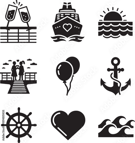 Minimalist Black and White Travel and Love Vector Icon Set for Design Projects