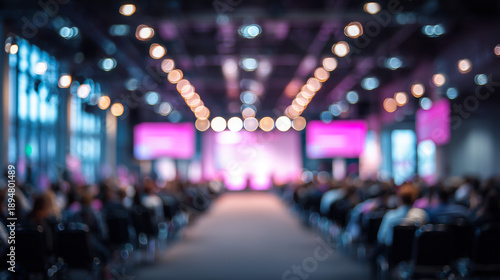Ai blurred pink and purple background of a conference hall with people seating on their seats