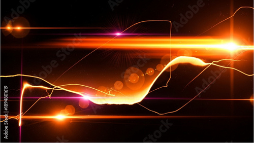 Vibrant neon lights illuminate abstract curves and lines in a dynamic digital artwork displayed on a dark background from a front viewpoint