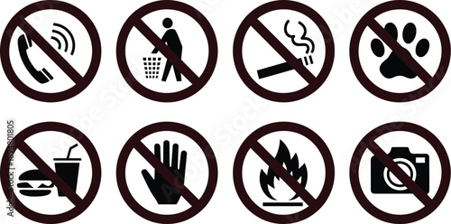 A collection of eight prohibition signs depicting common restrictions including phones pets and cameras on transparent background high-quality professional detailed modern elegant stylish clean crisp