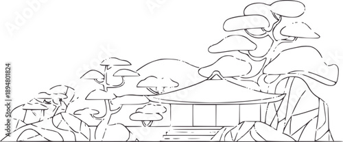 Minimalist black and of a Japanese pavilion in a natural landscape building