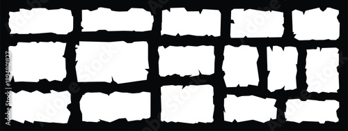 Ripped torn paper border frame set featuring rough jagged edges isolated on black background grunge collage style vector illustration