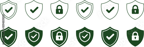 A set of six dark green shield icons with varying security symbols including checkmarks and padlocks on transparent background high-quality professional detailed modern elegant stylish