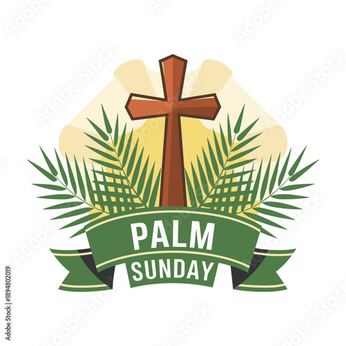 Palm Sunday Christian Emblem with Cross, Palm Leaves and Banner