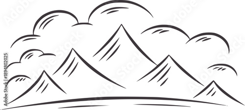 Minimalist black and of jagged mountain peaks with clouds mountains