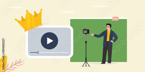 Popular media channel or podcast. Influencer standing on green screen and making content. Video play button with golden crown. Live streaming digital media player,