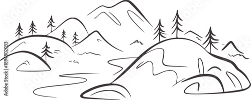 Minimalist black and of mountainous landscape with trees and river mountains