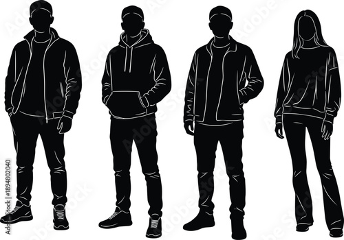 Anonymous people silhouettes standing in casual clothing illustration representing diversity, fashion style, urban lifestyle, teamwork, identity, mystery, modern group concept vector design