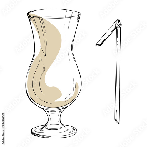 Milkshake, Irish cream, Pina Colada in hurricane glass, straw element illustration in vector style and hand drawn ink lines. Perfect for branding, drink infographics, themed wallpapers, summer events.