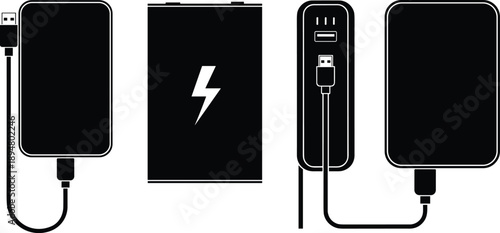 Black and white flat icons of portable power banks, external batteries, USB charging cables, and electronic energy storage devices for mobile phone battery replenishment equipment