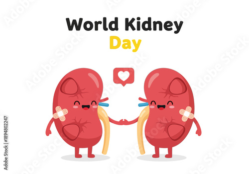 World kidney day cute cartoon kidneys holding hands