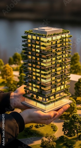 Hand holding a model of a tall green building with trees and lit windows