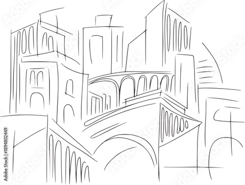 Minimalist pen and ink of an urban architectural landscape architecture buildings