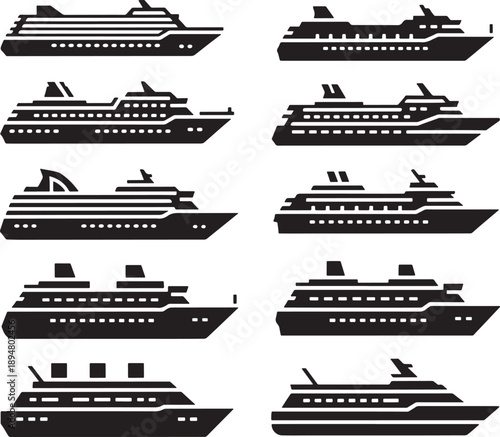 Set of 8 Minimalist Cruise Ship Vectors in Flat Design for Travel and Tourism Graphics