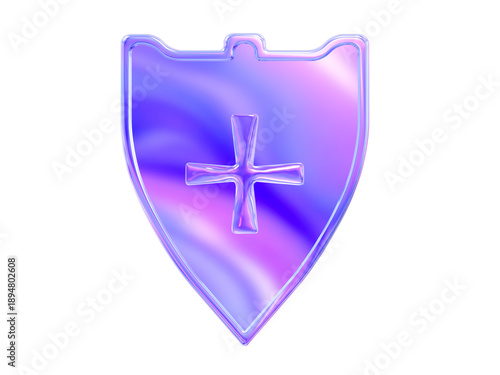 3D glass shield with cross on a holographic background. Symbol of protection, security, medicine, and history, modern element for design and decoration. 3d render