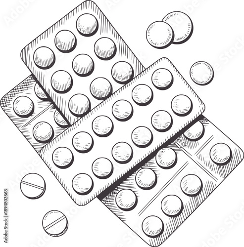 Pen and ink of blister packs and loose pills medication