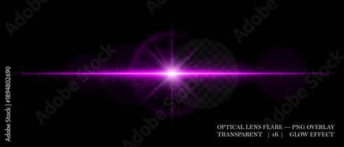 Optical lens flare with glowing core, scattered particles, and horizontal beam. Perfect for overlays, cinematic highlights, and futuristic visual effects in digital design.