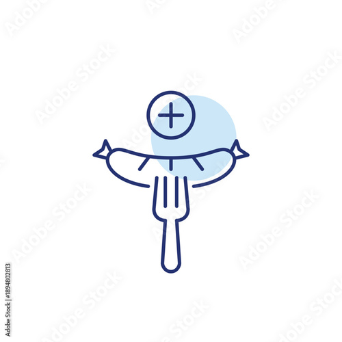 Hot dog on a fork and plus symbol. Menu expansion, new items needed. Fast food delivery and takeaway. Pixel perfect, editable stroke vector icon