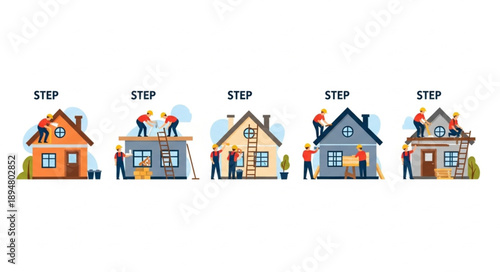 Construction process of a house shown in five steps.