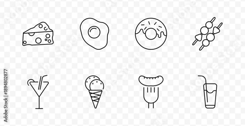 Snacks set icon. Cheese wedge, fried egg, donut, skewers, cocktail glass, ice cream, sausage, drink with straw, all drawn in minimal food-themed outlines.