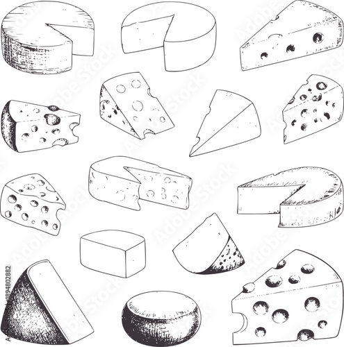 Pencil of various cheese types and wheels wedges holes