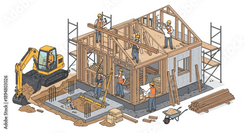 Construction of a wooden house with workers and equipment.