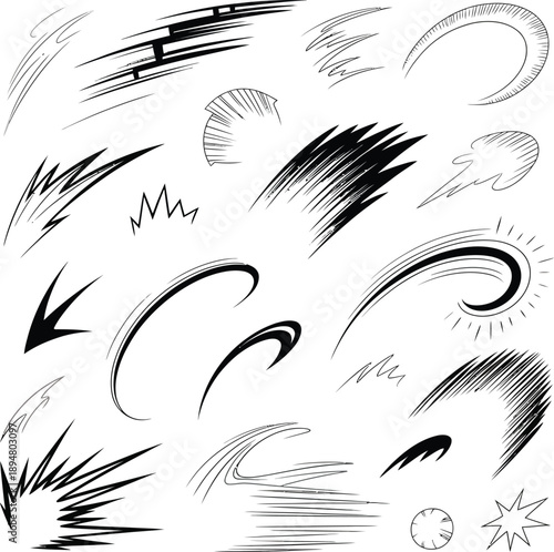Hand drawn black and white comic book speed lines and motion effects set