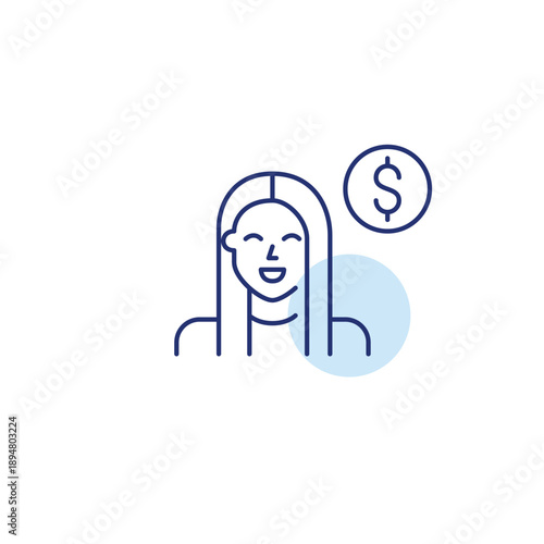 Young woman and dollar symbol. Banking and finances, user subscription. Pixel perfect, editable stroke vector icon