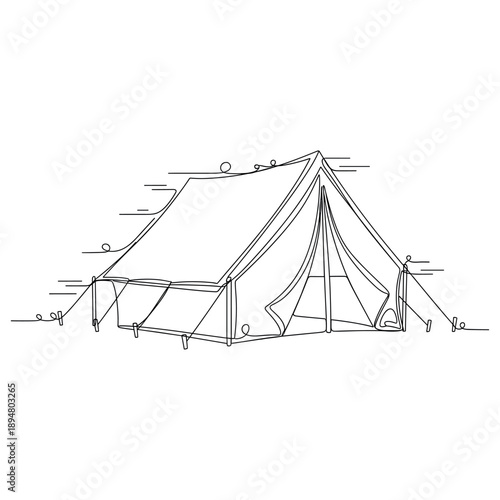 Minimalist line art drawing of a tent for camping adventures, no editable stroke