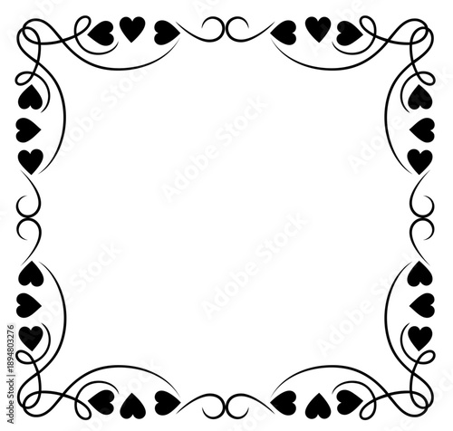 Valentine Frame with heart pattern and decorative swirls, black square border