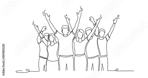 Celebratory line art: group of cheerful young adults with raised arms, no editable stroke