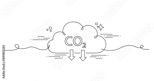 Line art of co2 reduction concept with cloud and arrows, no editable stroke