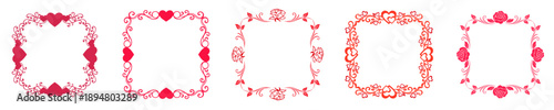 Valentine Frame set with pink and red decorative borders, square and rounded corner shapes, romantic photo frames for Valentine’s Day