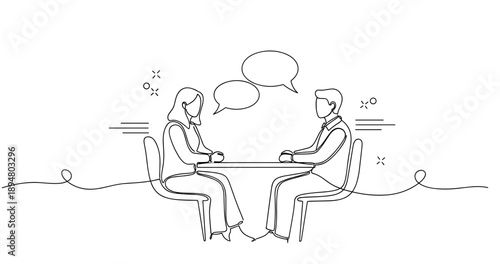 Line art illustration of two adults at a table having a conversation, no editable stroke