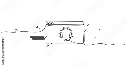 Minimalist line art of online communication with headset in web browser, no editable stroke