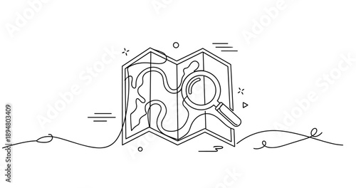 Line art map with magnifying glass and navigation marks, no editable stroke