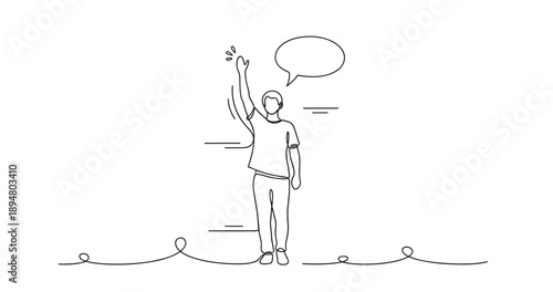 Line art of young caucasian male holding raised hand with speech bubble, no editable stroke